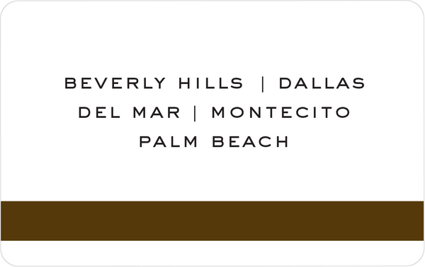 Back of the Honor Bar gift card: locations in black on white background. Locations listed: Beverly Hills, Dallas, Del Mar, Montecito, Palm Beach.